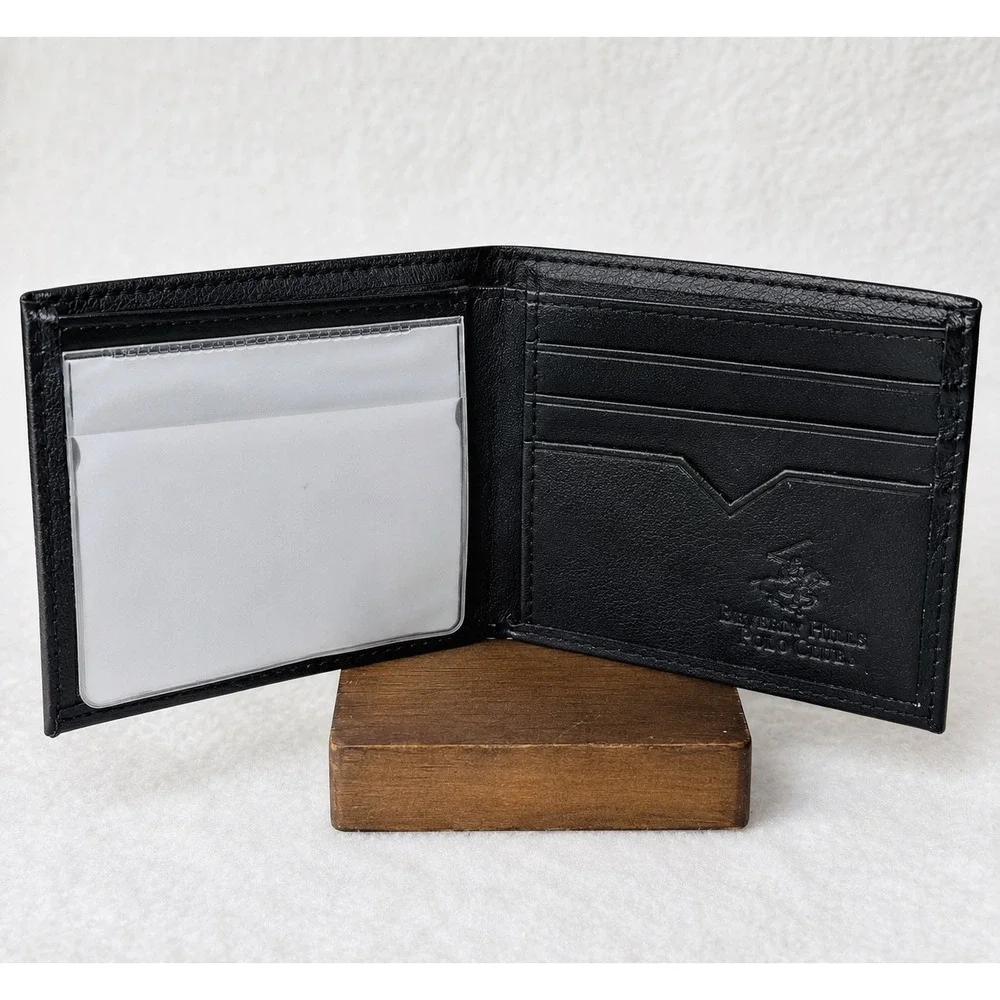 Beverly Hills Polo Club Mens Bifold Wallet Black Pebbled Faux Leather ID Window